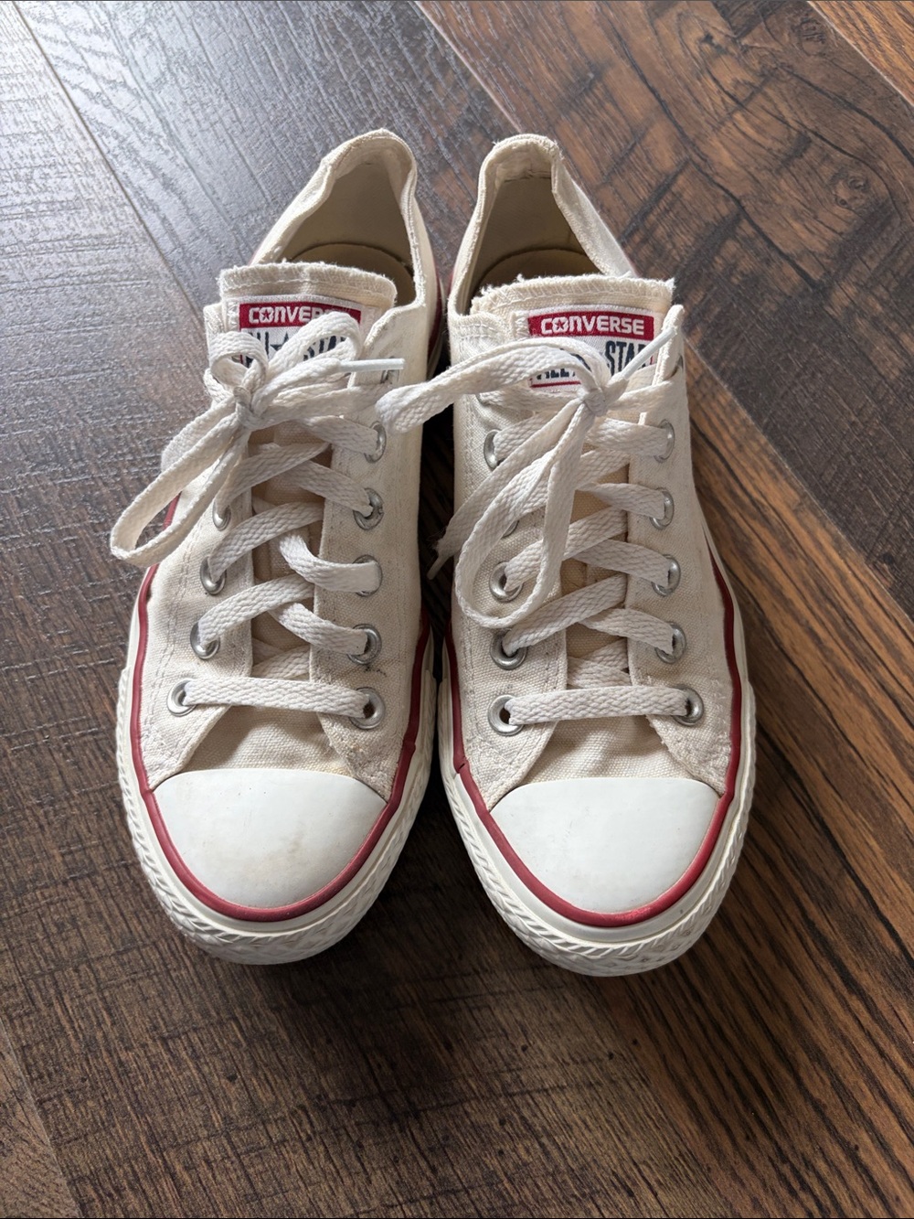 Converse Low Top Sneakers in Cream with Red Accents